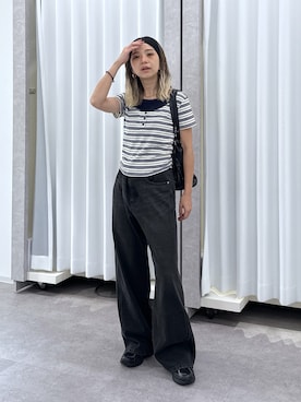 「FREE'S MART（フリーズマート）の◆インナーレイヤードボーダーヘンリーネックＴシャツ（Tシャツ/カットソー、ホワイト系）」を使った、sakura_さん（レディース・155cm）の夏コーディネート