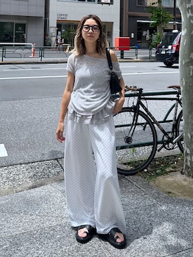 「FREE'S MART（フリーズマート）の◆メランジドロスト半袖レースティアードキャミセット（Tシャツ/カットソー、グレー系）」を使った、sakura_さん（レディース・155cm）の夏コーディネート