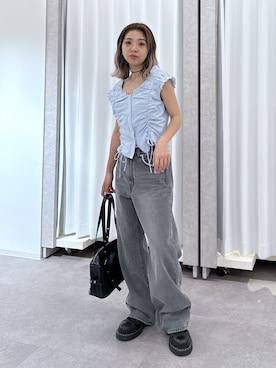 「FREE'S MART（フリーズマート）の◆ドロストリボンフレンチブラウス（Shirts、ブルー系）」を使った、sakura_さん（レディース・155cm）の春コーディネート