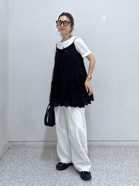 「FREE'S MART（フリーズマート）の◆レイヤード風半袖カットソー（T Shirts、ホワイト系）」を使った、sakura_さん（レディース・155cm）の春コーディネート