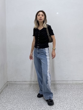 「FREE'S MART（フリーズマート）の◆フロントギャザーデコルテ半袖カットソー（Tシャツ/カットソー、ブラック系）」を使った、sakura_さん（レディース・155cm）の夏コーディネート