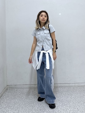「FREE'S MART（フリーズマート）の◆コンパクトシャツカットソー（Tシャツ/カットソー、グレー系）」を使った、sakura_さん（レディース・155cm）の夏コーディネート