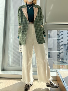 「PAGEBOY（ページボーイ）の【WEB限定アイテム】ハイネックボリュームニット（ニット/セーター、グリーン系）」を使った、アンドウさん（レディース・163cm）の春コーディネート