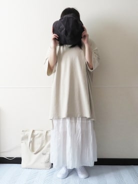 「オールホワイト」｜「アイテム（スリッポン）」を使った、 .▯▫さん（レディース・151cm）の夏コーディネート