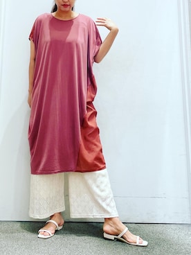 「Bou Jeloud（ブージュルード）のモダール前後切り替えワンピース（ワンピース、レッド系）」を使った、Yumi Ishiharaさん（レディース・170cm）の夏コーディネート