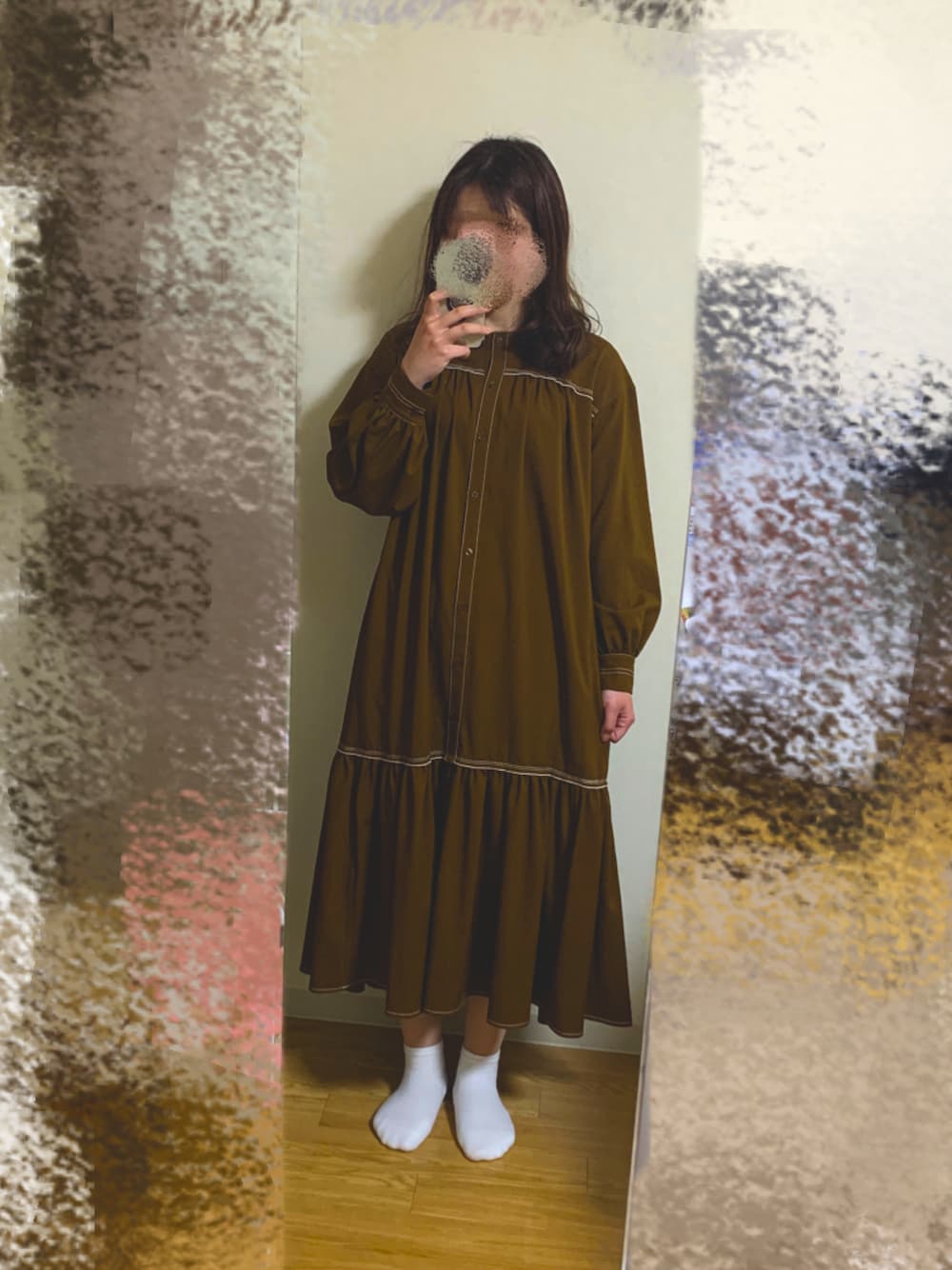 「ootd、outfit」｜「Ray BEAMSのRay BEAMS / 配色 ステッチ ギャザー ワンピース（ワンピース、ブラウン系）」を使った、meさん（レディース・162cm）の春コーディネートの1枚目の写真