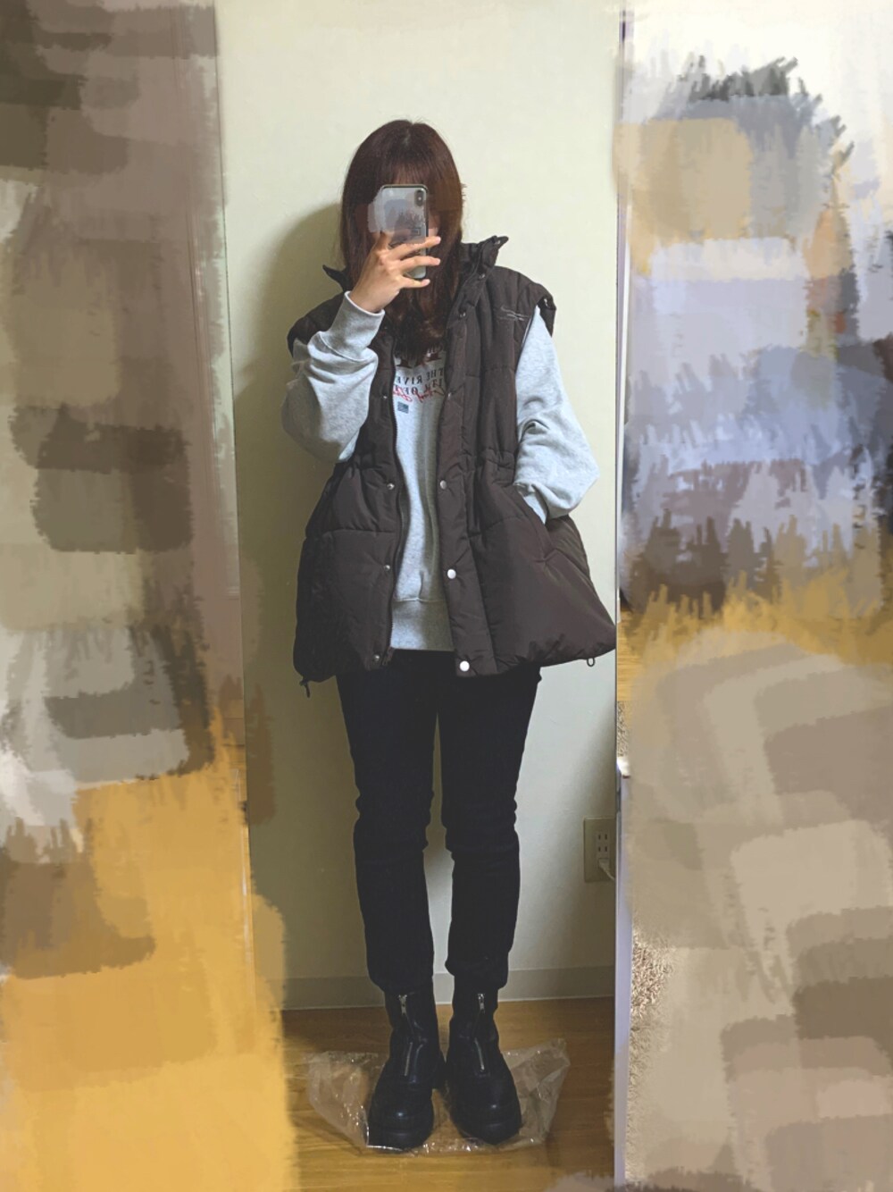 「秋のコーデ、ブーツスタイル、冬コーデ、休日スタイル、シンプル、カジュアル、ラフコーデ、ootd、outfit」｜「one after another NICE CLAUPの【フードを取り外し可能】マルチウェイロングダウンコート（ダウンジャケット/コート、ブラウン系）」を使った、meさん（レディース・162cm）の秋コーディネートの1枚目の写真