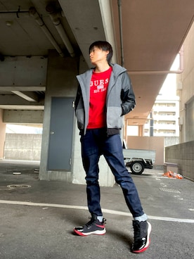 「いつもありがとうございます」｜「アイテム（ブルゾン）」を使った、空飛ぶぺんぎんさん（メンズ・175cm）の冬コーディネート