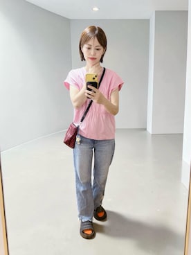 「NANO universe（ナノユニバース）のフロントシャーリングデザインカットトップス（Tシャツ/カットソー、ピンク系）」を使った、でつさん（レディース・152cm）の夏コーディネート