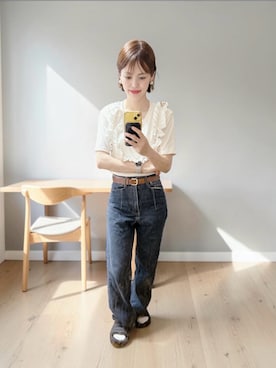 「Knuth Marf（クヌースマーフ）のアイテム（Tシャツ/カットソー、ホワイト系）」を使った、でつさん（レディース・152cm）の夏コーディネート