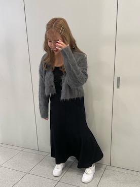 「one after another NICE CLAUP(ワンアフターアナザーナイスクラップ)のマシュマロ女子ショートカーディガン(カーディガン/ボレロ、グレー系)」を使った、sakata chisakiさん(レディース・157cm)の夏コーディネート