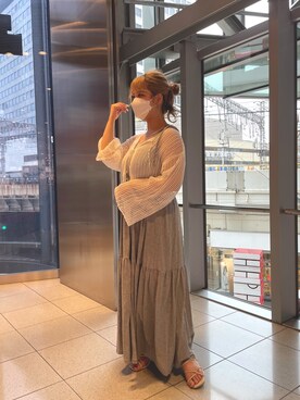 「one after another NICE CLAUP(ワンアフターアナザーナイスクラップ)の透かしあみトップス+カットワンピースセット(ワンピース、グレー系)」を使った、sakata chisakiさん(レディース・157cm)の夏コーディネート