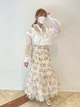 「one after another NICE CLAUP(ワンアフターアナザーナイスクラップ)のレース×チュールマーメイドスカート(スカート、ホワイト系)」を使った、sakata chisakiさん(レディース・157cm)の春コーディネート
