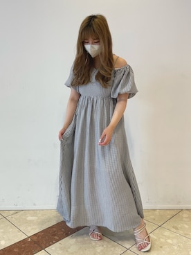 「one after another NICE CLAUP(ワンアフターアナザーナイスクラップ)のネッククロス袖ボリュームワンピ(ワンピース、ブラック系)」を使った、sakata chisakiさん(レディース・157cm)の夏コーディネート