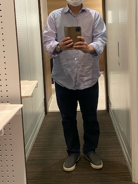 「CELINE（セリーヌ）のアイテム（シャツ/ブラウス、ブルー系）」を使った、よだいめさん（メンズ・161cm）の秋コーディネート