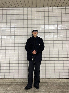 「Dickies（ディッキーズ）のDickies/ディッキーズ LOOSE FIT ダブルニー センタープレス ワークパンツ（チノパンツ、ブラック系）」を使った、ゆ う たさん（メンズ・175cm）の春コーディネート