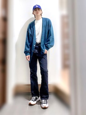 「モヘアカーディガン」｜「アイテム（キャップ）」を使った、ほーぷ（NAOKI）さん（メンズ・180cm）の秋コーディネート