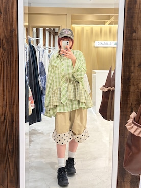 「CIAOPANIC（チャオパニック）のネクタイ付きティアードチュニックシャツワンピース（衬衫、グリーン系）」を使った、ささかまさん（レディース・165cm）の春コーディネート