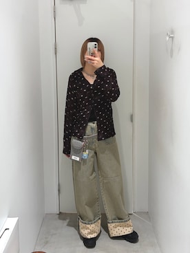 「CIAOPANIC（チャオパニック）のぽこぽこポップコーンスキッパーシャツ（衬衫、ブラウン系）」を使った、ささかまさん（レディース・165cm）の春コーディネート