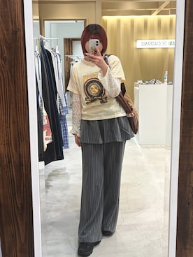 「CIAOPANIC（チャオパニック）のヴィンテージライクスラブTee（T恤/上装、ホワイト系）」を使った、ささかまさん（レディース・165cm）の春コーディネート