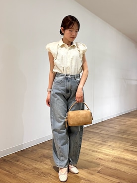 「SENSE OF PLACE by URBAN RESEARCH(センスオブプレイスバイアーバンリサーチ)のシアーサッカーバルーンスリーブシャツ(シャツ/ブラウス、ホワイト系)」を使った、wakanaさん(レディース・158cm)の春コーディネート