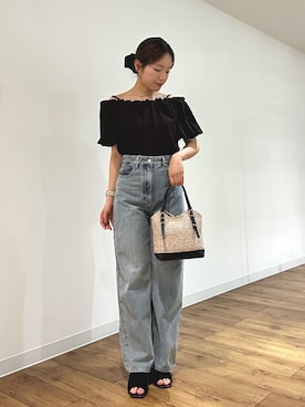 「SENSE OF PLACE by URBAN RESEARCH(センスオブプレイスバイアーバンリサーチ)の『WEB限定』タックオフショルブラウス(シャツ/ブラウス、ブラウン系)」を使った、wakanaさん(レディース・158cm)の夏コーディネート