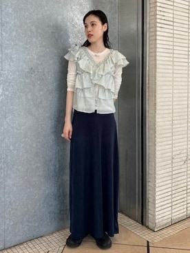 「Ray BEAMS（レイビームス）のラッフル ティアード Vネック フレンチスリーブ（襯衫、グリーン系）」を使った、Ray BEAMSさん（レディース・161cm）の夏コーディネート