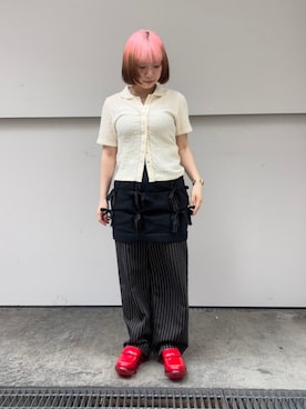 「Ray BEAMS（レイビームス）のポロ カラー リング ドット シャツ（T恤、ホワイト系）」を使った、Ray BEAMSさん（レディース・161cm）の夏コーディネート