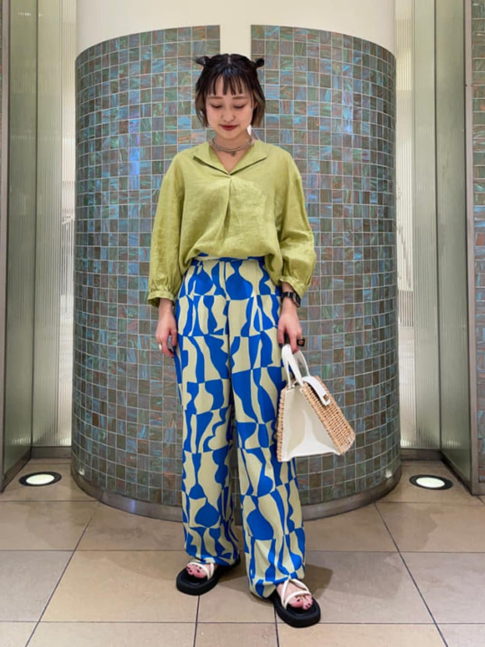 MECRE スラックス パンツ ジオメトリックプリントストレート