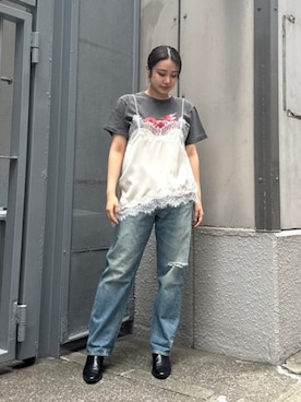 「Ray BEAMS（レイビームス）のレース トリム サテン キャミソール（シャツ/ブラウス、ホワイト系）」を使った、Ray BEAMSさん（レディース・159cm）の夏コーディネート