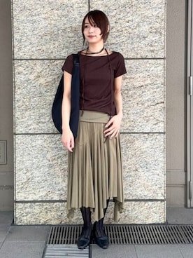 「Ray BEAMS（レイビームス）のネックリボン ボートネック Tシャツ（Tシャツ/カットソー、ブラウン系）」を使った、Ray BEAMSさん（レディース・153cm）の夏コーディネート