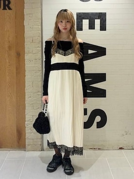 「Ray BEAMS（レイビームス）のレース キリカエ キャミワンピース（ワンピース、ホワイト系）」を使った、Ray BEAMSさん（レディース・163cm）の春コーディネート