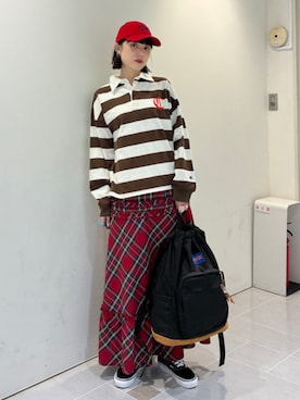 「Ray BEAMS（レイビームス）のチェック ティアード フリル スカート（スカート、レッド系）」を使った、Ray BEAMSさん（レディース・160cm）の秋コーディネート