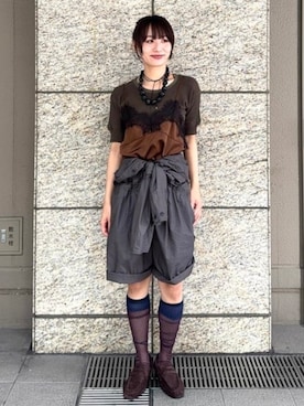 「Ray BEAMS（レイビームス）のレース トリム サテン キャミソール（シャツ/ブラウス、ブラウン系）」を使った、Ray BEAMSさん（レディース・159cm）の夏コーディネート