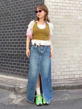 「Ray BEAMS（レイビームス）のフラワー プリント シャーリング シャツ（襯衫、ホワイト系）」を使った、Ray BEAMSさん（レディース・161cm）の夏コーディネート