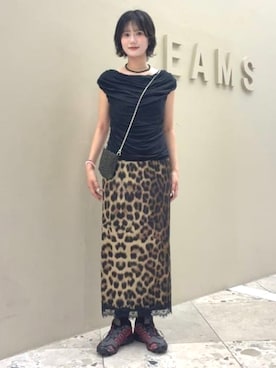 「Ray BEAMS（レイビームス）のギャザー ドレープ Tシャツ（Tシャツ/カットソー、ブラック系）」を使った、Ray BEAMSさん（レディース・159cm）の夏コーディネート