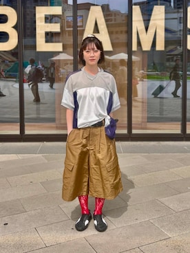 「Ray BEAMS（レイビームス）のカーゴ ハーフ パンツ（休閒短褲、グリーン系）」を使った、Ray BEAMSさん（レディース・161cm）の夏コーディネート