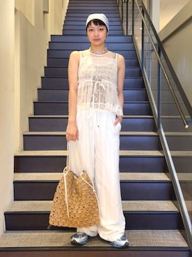 「Ray BEAMS（レイビームス）のチュール シャーリング ノースリーブ（Tシャツ/カットソー、ホワイト系）」を使った、Ray BEAMSさん（レディース・159cm）の夏コーディネート