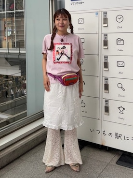 「Ray BEAMS（レイビームス）の【別注】GOOD ROCK SPEED / Music Tシャツ（Tシャツ/カットソー、ピンク系）」を使った、Ray BEAMSさん（レディース・159cm）の夏コーディネート