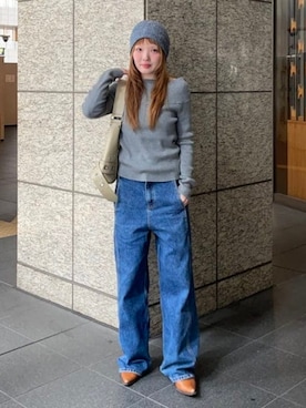 「Ray BEAMS（レイビームス）のリブ オフショルダー ニット（ニット/セーター、グレー系）」を使った、Ray BEAMSさん（レディース・158cm）の春コーディネート