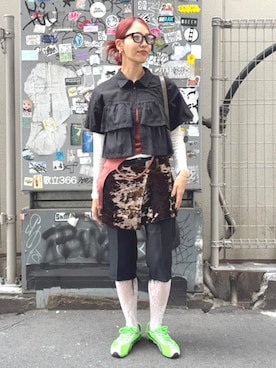 「Ray BEAMS（レイビームス）のシアー ティアード ハーフスリーブ シャツ（シャツ/ブラウス、ブラック系）」を使った、Ray BEAMSさん（レディース・163cm）の春コーディネート