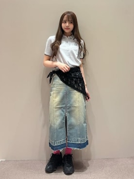 「Ray BEAMS（レイビームス）のオーバーダイ デニム スカート（牛仔裙、ブルー系）」を使った、Ray BEAMSさん（レディース・161cm）の夏コーディネート
