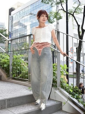 「Ray BEAMS（レイビームス）のレース パフスリーブ ビスチェ（シャツ/ブラウス、ホワイト系）」を使った、Ray BEAMSさん（レディース・159cm）の夏コーディネート