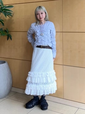 「Ray BEAMS（レイビームス）のストライプ シャーリング Vネック ブラウス（シャツ/ブラウス、ブルー系）」を使った、Ray BEAMSさん（レディース・159cm）の夏コーディネート