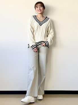 「ケーブルニット」｜「アイテム（チノパンツ）」を使った、GapJapanさん（レディース・164cm）の春コーディネート