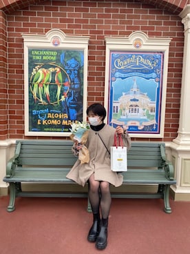「ディズニー」｜「アイテム（ノーカラーコート）」を使った、nanomiさん（レディース・158cm）の冬コーディネート