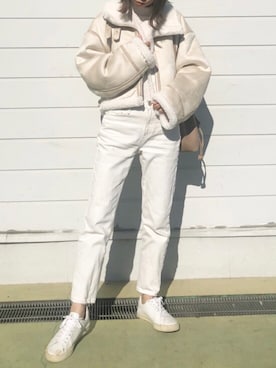 「ショート丈」｜「アイテム（テーラードジャケット、ホワイト系）」を使った、yurieさん（レディース・156cm）の秋コーディネート