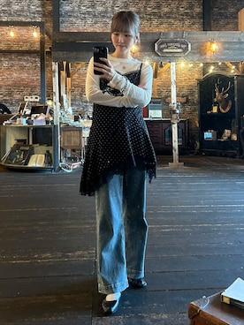 「FREE'S MART（フリーズマート）の◆イレヘムレースキャミワンピース【ドット柄有り】（ワンピース、ブラック系）」を使った、mayaさん（レディース・160cm）の春コーディネート