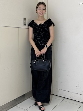 「FREE'S MART（フリーズマート）の◆フレンチスリーブジャガードカットソー（Tシャツ/カットソー、ブラック系）」を使った、mayaさん（レディース・160cm）の夏コーディネート
