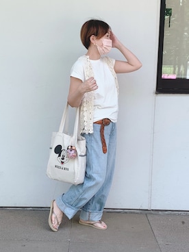 「UNIQLO（ユニクロ）のハイライズワイドストレートジーンズ（デニムパンツ）」を使った、るみっぺさん（レディース・150cm）の夏コーディネート